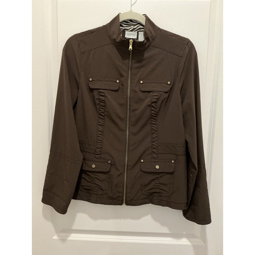 Chicos Zenergy Jacket Size 0 (S) Brown With Brown Cream Zebra Design Inside